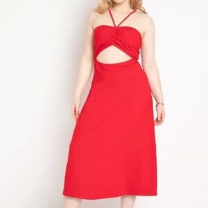 Eloquii Ribbed Cut Out Waist Halter Midi Dress Tango Red 18/20 NWT
